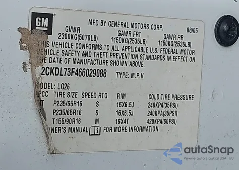 2006 Pontiac Torrent z USA, uszkodzony, nr VIN 2CKDL73F466029088